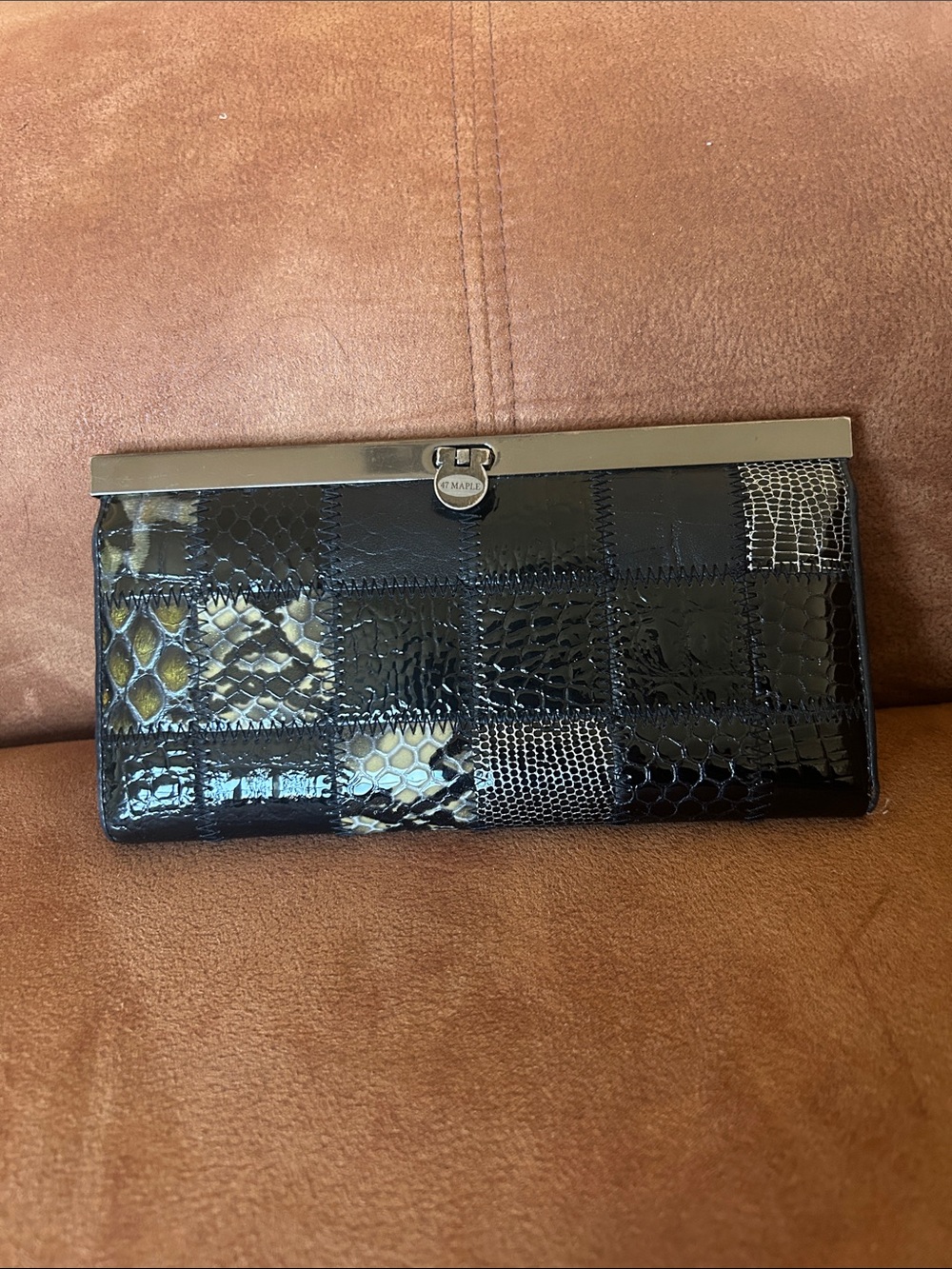 Patent Patchwork Snake-Embossed Clutch Wallet in Black and Cream